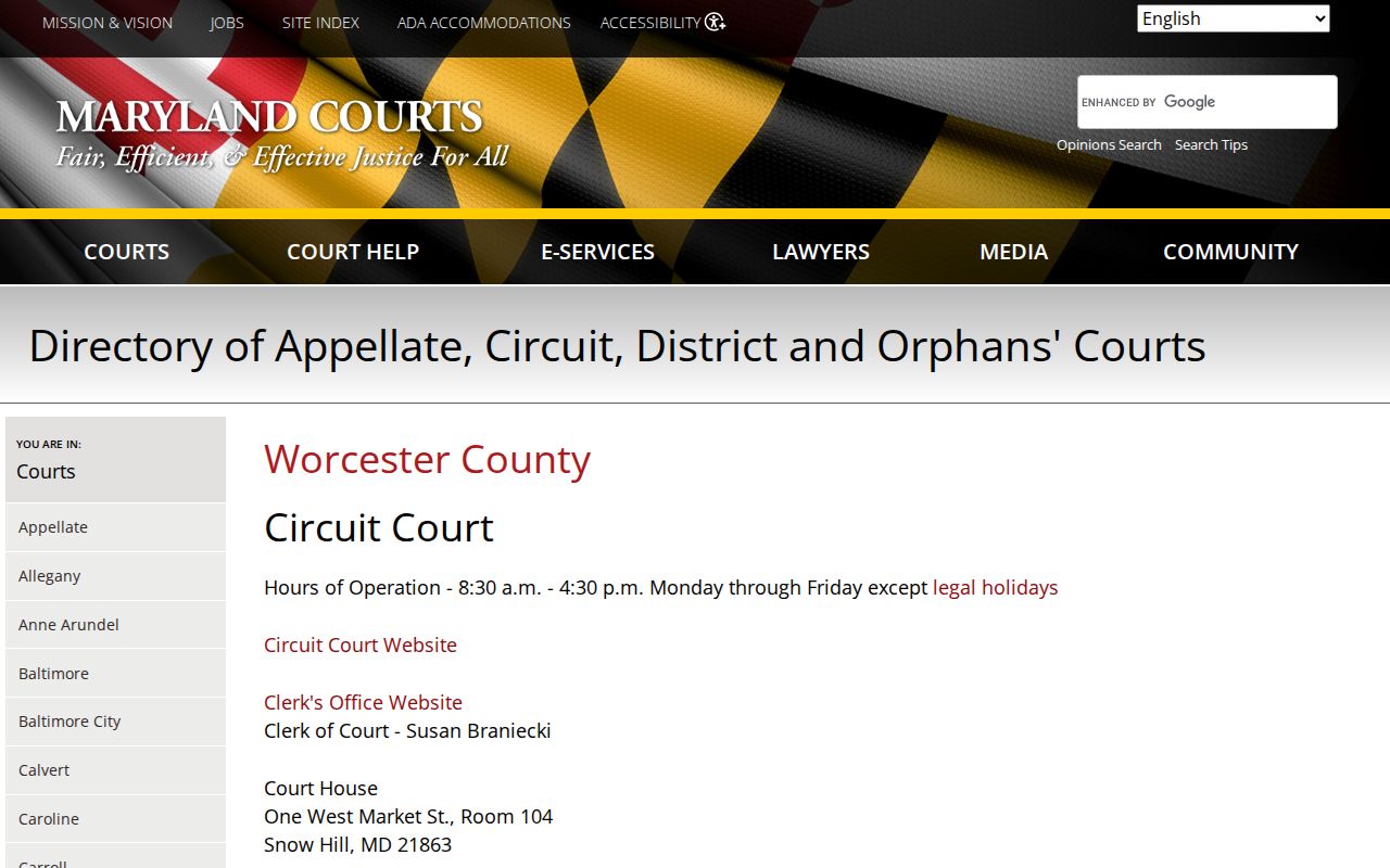 Worcester County warrant records: court directory listing for Worcester County courts