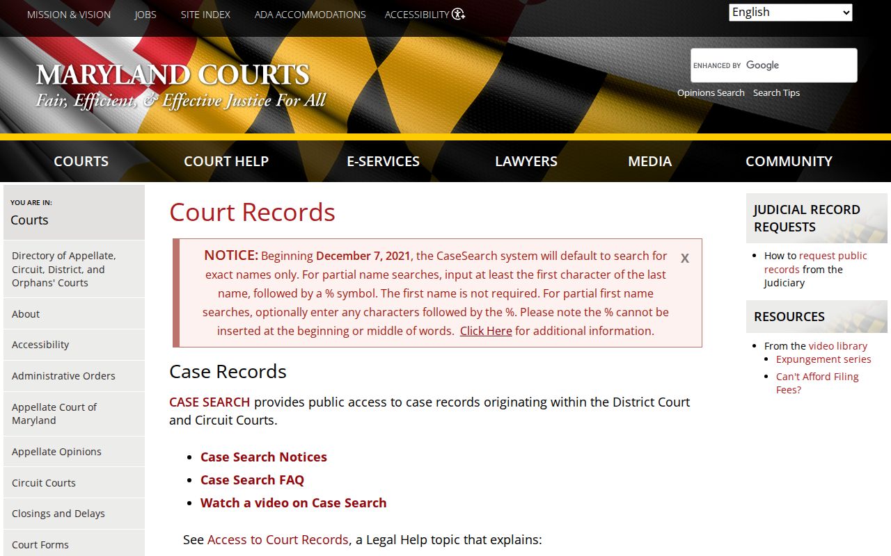 Worcester County warrant records: Maryland Judiciary exact name and partial name search instructions