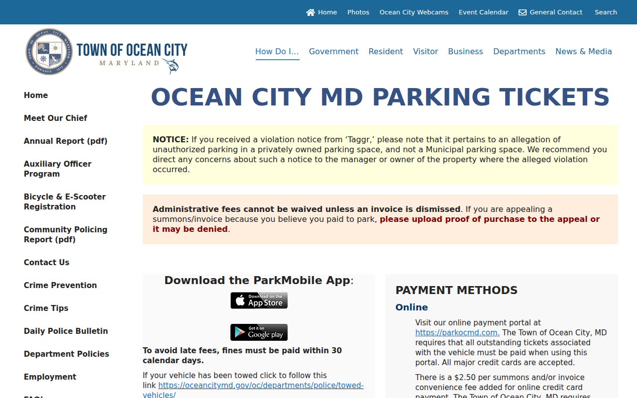Ocean City warrant records: city parking ticket payment routes and Public Safety Building