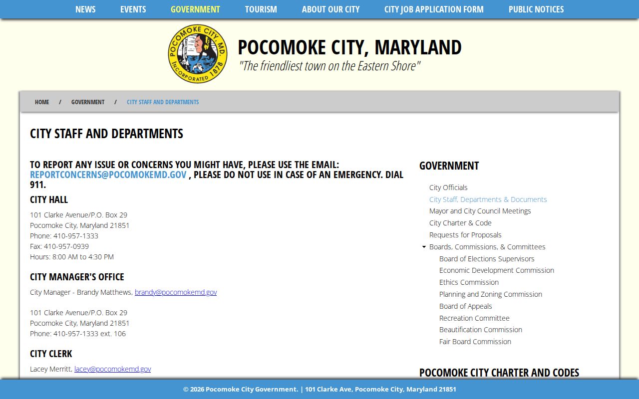 Pocomoke City warrant records: city department directory with the Public Information Act custodian
